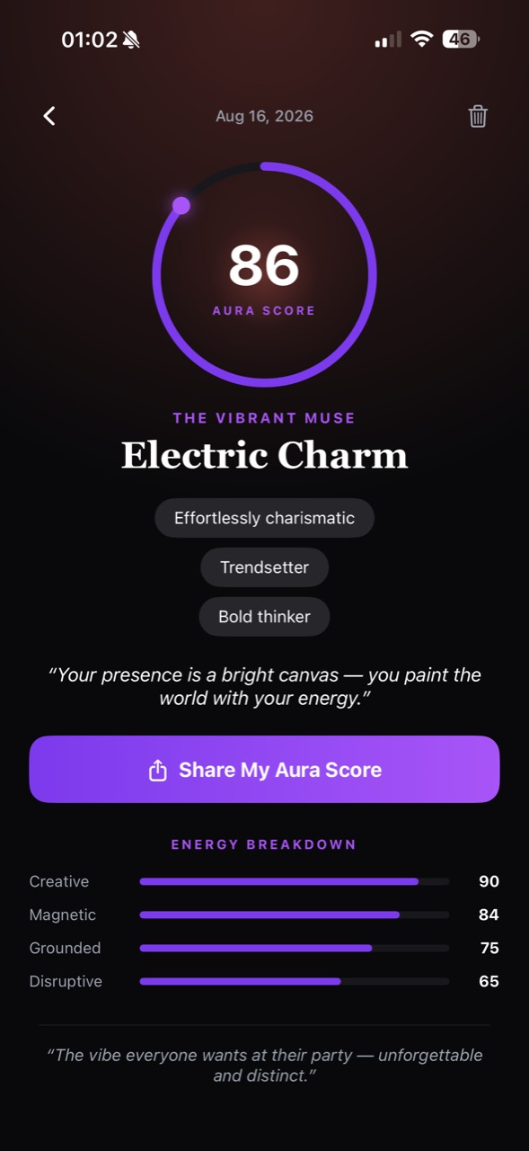 AURA reading screen showing an aura score of 86, the archetype The Vibrant Muse and the aura name Electric Charm
